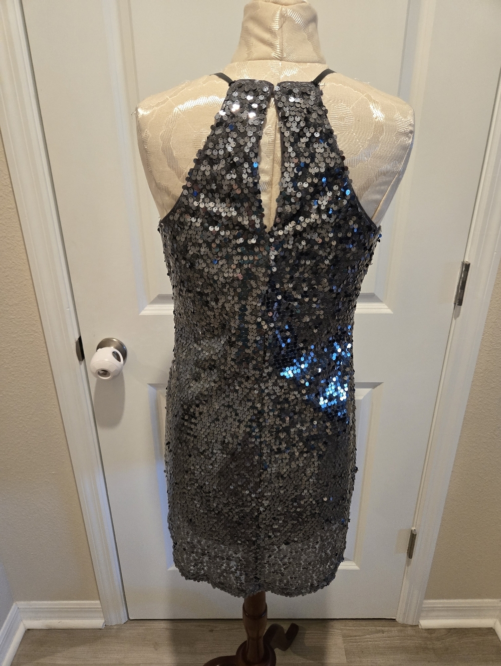 Express Silver Sequin Slip Dress - Spaghetti Strap Party Dress, Size Small - Picture 5 of 8